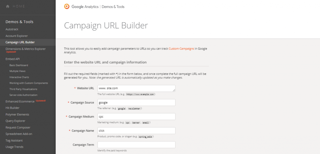 URL constructor for Google Analytics 