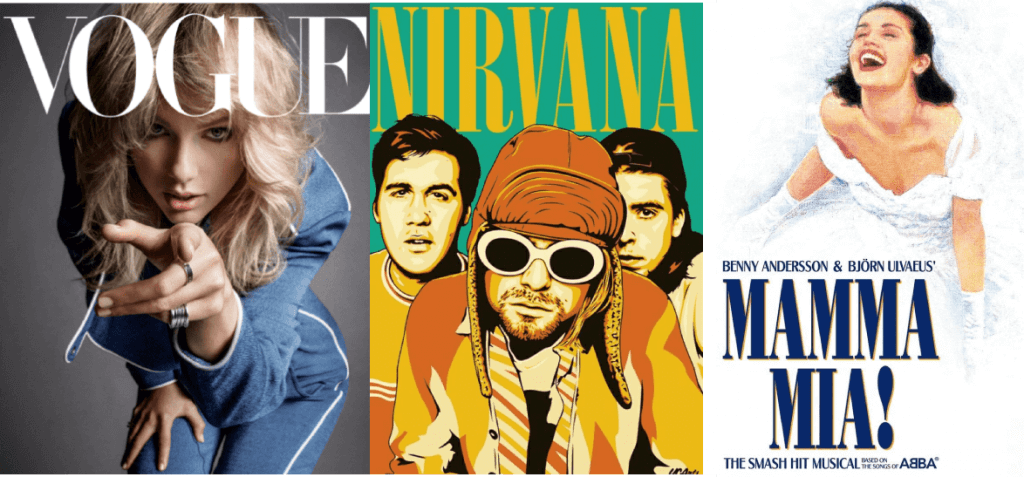 Vogue’s and Nirvana’s logos, posters for the musical “Mamma Mia!”