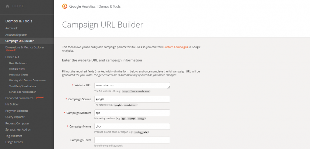 конструктор URL-адресов для кампаний в Google Analytics
